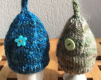 Blue and Green Hand Knitted Egg Cosies with Button Decoration - set of 2