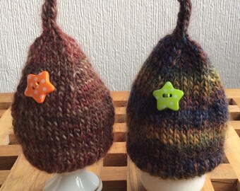Brown and Green Hand Knitted Egg Cosies with Button Decoration - set of 2
