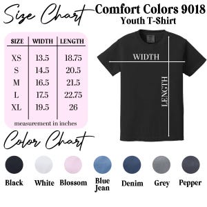 May include: Black youth t-shirt with a size chart and color options. The size chart shows measurements in inches for XS to XL sizes. Color options include black, white, blossom, blue jean, denim, grey, and pepper.