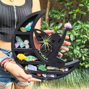 Moon Fairy Crystal Shelf – Wooden Crystal Display Stand with Fairy Design, Chakra Rock Display, Decorative Witchy Room Decor