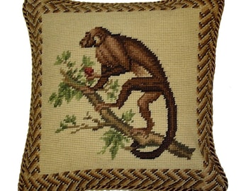 12x12'' Handmade Wool Needlepoint Pillow Cover - Decorative Throw Cushion Cover - Vintage Floral Embroidery Design monkey holding the peach