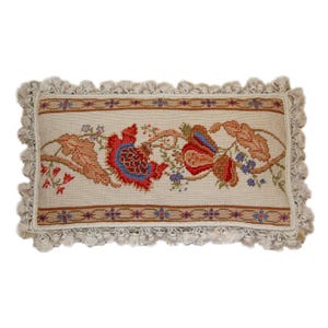 12x22''  Handmade Wool Needlepoint Pillow Cover – Vintage Floral Embroidery, Tasseled Edges