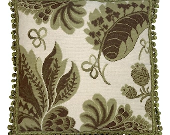 22x22''Handmade Wool Needlepoint Pillow Cover – Vintage Floral Embroidery, Tropical Leaves