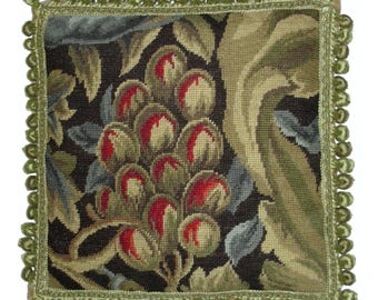 Handmade Wool Needlepoint Pillow Cover - Decorative Throw Cushion Cover - Vintage Floral Embroidery Design William Morris red fruit with tas