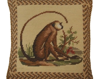Handmade Wool Needlepoint Pillow Cover - Decorative Throw Cushion Cover - Vintage Floral Embroidery Design monkey long tail