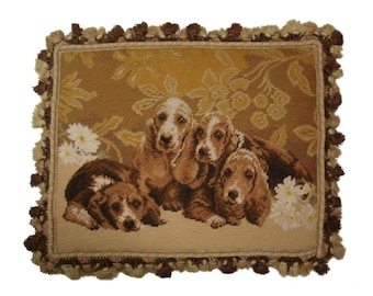 16x20''  Handmade Wool Needlepoint Pillow Cover – Basset Hound Floral Embroidery, Tasseled Cushion