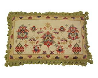Handmade Wool Needlepoint Pillow Cover - Decorative Throw Cushion Cover - Vintage Floral Embroidery Design Turkish gold|red designs with gol