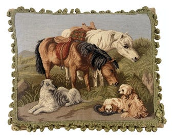 16x20''  Handmade Wool Needlepoint Pillow Cover – Horses, Dogs, Floral Embroidery, Tasseled Edges