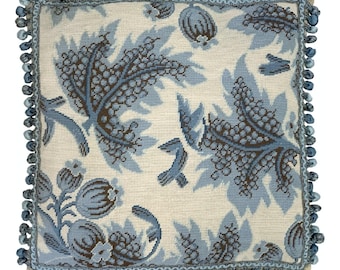 Handmade Wool Needlepoint Pillow Cover - Decorative Throw Cushion Cover - Vintage Floral Embroidery Design blue grapes leaves ivory backgrou