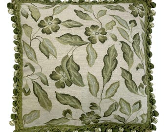 Handmade Wool Needlepoint Pillow Cover - Decorative Throw Cushion Cover - Vintage Floral Embroidery Design green leaves with tassel