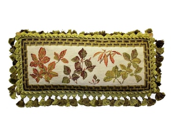 Handmade Wool Needlepoint Pillow Cover - Decorative Throw Cushion Cover - Vintage Floral Embroidery Design  leaves with brown bamboo frame 3