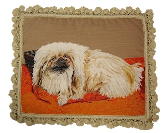 16x20''Handmade Wool Needlepoint Pillow Cover – Pekingese Dog Floral Embroidery Cushion