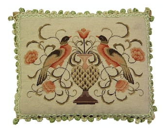 Handmade Wool Needlepoint Pillow Cover - Decorative Throw Cushion Cover - Vintage Floral Embroidery Design  2 birds with 2 color tassels