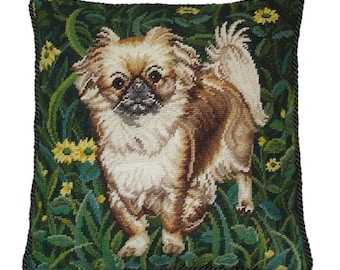 16x16'' Handmade Wool Needlepoint Pillow Cover – Pekingese Dog Floral Embroidery Cushion