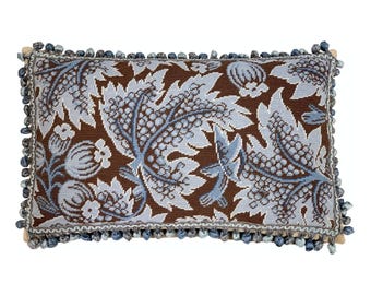 Handmade Wool Needlepoint Pillow Cover - Decorative Throw Cushion Cover - Vintage Floral Embroidery Design blue grape leaves brown backgroun