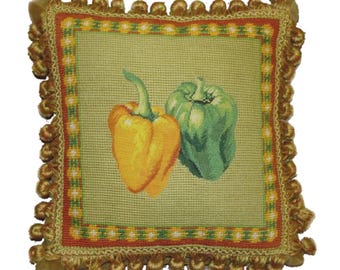 12x12'' Handmade Wool Needlepoint Pillow Cover – Vintage Floral Embroidery, Tasseled Edges