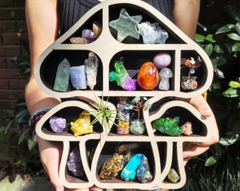 Handmade Mushroom-Shaped Crystal Display Shelf | Wooden Mushroom Wall Hanging | Unique Boho Home Décor for Gemstone Lovers