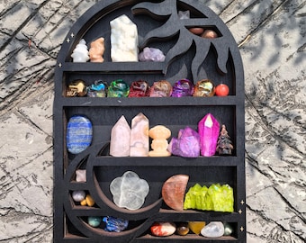 Sun & Moon Crystal Shelf – Wooden Celestial Display Shelf, Witchy Altar Decor, Gothic Home Storage, Spiritual Boho Wall Art