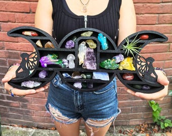Triple Moon Shelf with Fairy Design - Crystal Display Shelf for Healing Crystals, Moon Decor, Witchy Room Decor, Spiritual Decor, Boho Decor