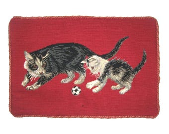 Handmade Wool Needlepoint Pillow Cover - Decorative Throw Cushion Cover - Vintage Floral Embroidery Design  on cat faces rest of in red back