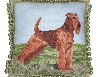 17x17''Handmade Wool Needlepoint Pillow Cover – Airedale Dog Floral Embroidery Cushion