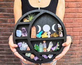 Triple Moon Crystal Shelf – Wooden Celestial Display, Moon Phase Altar Shelf, Witchy Room Decor, Gothic Spiritual Storage, Boho Wall Art
