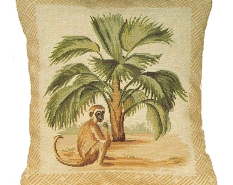 15x13.5''Handmade Wool Needlepoint Pillow Cover – Monkey Palm Tree Embroidery Cushion