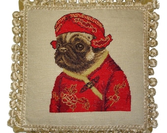 Handmade Wool Needlepoint Pillow Cover - Decorative Throw Cushion Cover - Vintage Floral Embroidery Design  pug boy in red jacket ware hat w
