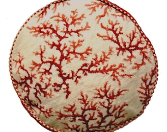 22 r'' Handmade Wool Needlepoint Pillow Cover – Coral Embroidery Throw Cushion
