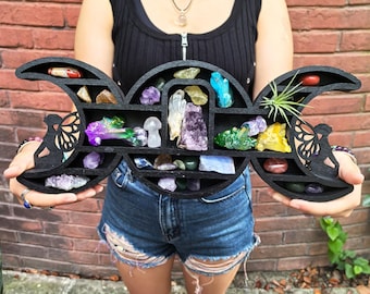 Triple Moon Shelf with Fairy Design - Crystal Display Shelf for Healing Crystals, Moon Decor, Witchy Room Decor, Spiritual Decor, Boho Decor