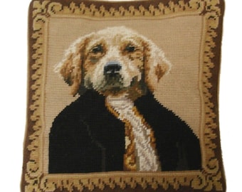 Handmade Wool Needlepoint Pillow Cover - Decorative Throw Cushion Cover - Vintage Floral Embroidery Design Mr Dog a