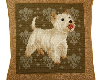 14x14''Handmade Wool Needlepoint Pillow Cover – Westie Floral Embroidery Cushion