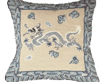 Handmade Wool Needlepoint Pillow Cover - Decorative Throw Cushion Cover - Vintage Floral Embroidery Design  blue|white Dragon