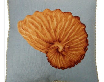 21x21''Handmade Wool Nautilus Shell Pillow Cover – Embroidered Floral Cushion (Light Blue Backing)
