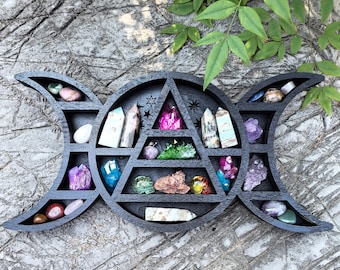 Triple Moon Crystal Shelf – Wooden Witchy Display Shelf, Gothic Altar Decor, Celestial Moon Phase Storage, Spiritual Home Decor