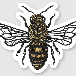 Könnte beinhalten: Aufkleber mit einer detaillierten Illustration einer Biene. Die Biene hat einen schwarz-goldenen Körper mit schwarz-weißen Flügeln. Das Design ist im Vintage-Stil gehalten, mit der Biene im Zentrum auf weißem Hintergrund.