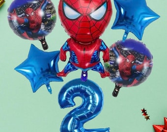 Blauwe op superhelden geïnspireerde verjaardagsballonset met 1-9 cijfers – set van 6 met nummerballon, sterren, ronde ballonnen en latexballonnen