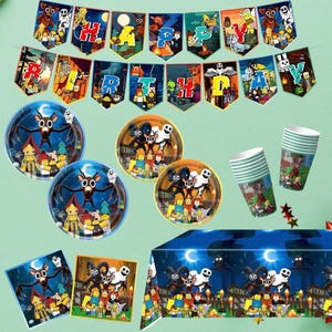May include: A party supplies package with a banner that spells "HAPPY". Includes plates, cups, napkins, and a tablecloth. The plates and cups feature a cartoon design. The package is designed for 10 people.