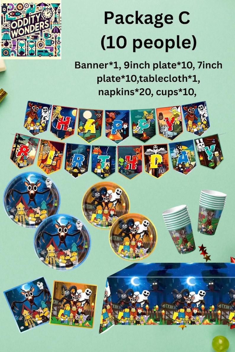 May include: A party supplies package with a banner that spells "HAPPY". Includes plates, cups, napkins, and a tablecloth. The plates and cups feature a cartoon design. The package is designed for 10 people.