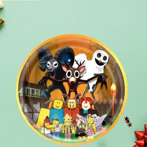 May include: A 7-inch paper plate featuring a colorful cartoon design with various characters and animals. The plate has a gold rim and the text "ODDITY WONDERS" is visible. The plate is part of a 10-piece set.
