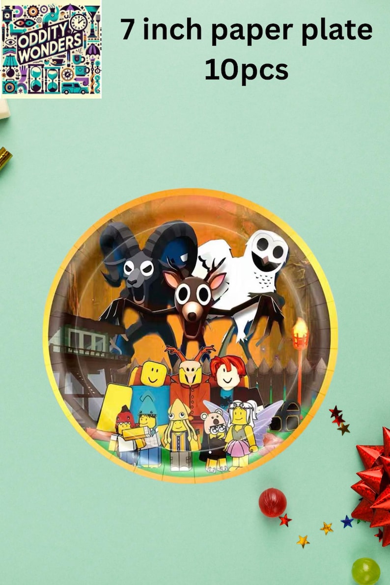 May include: A 7-inch paper plate featuring a colorful cartoon design with various characters and animals. The plate has a gold rim and the text "ODDITY WONDERS" is visible. The plate is part of a 10-piece set.