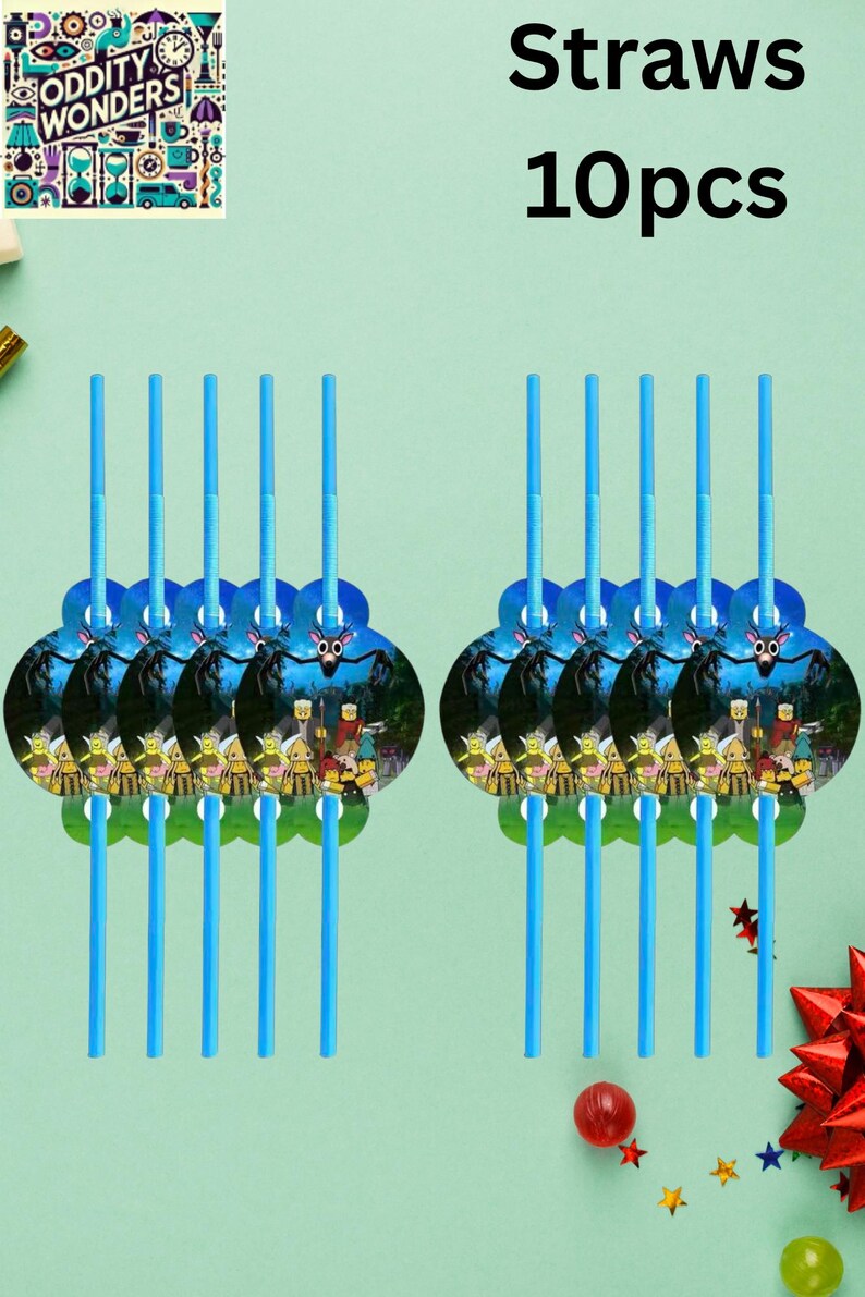 May include: Blue plastic straws with decorative toppers featuring a cartoon scene. The image shows two sets of straws, each with a circular topper and ten straws. The text "Straws 10pcs" is visible.