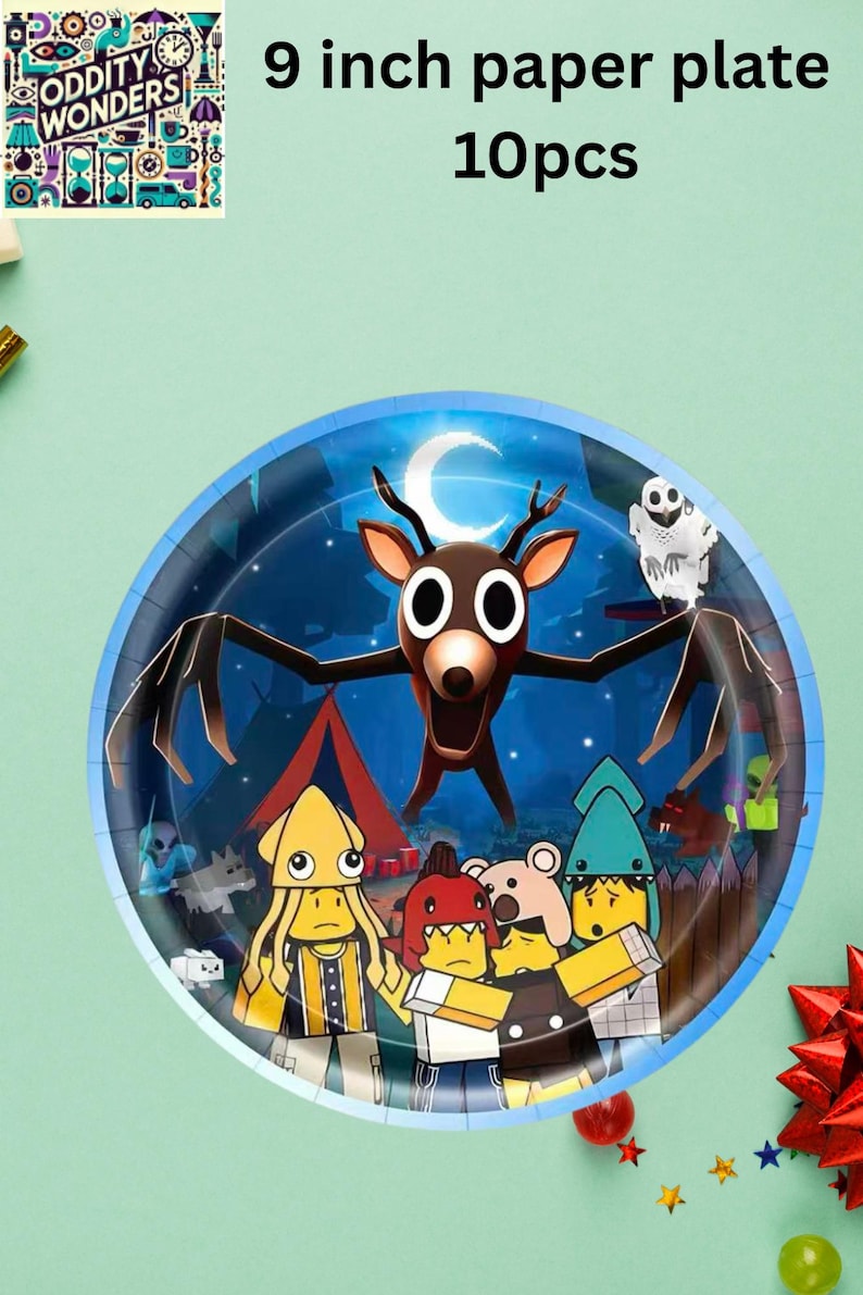 May include: A 9-inch paper plate featuring a whimsical design with a deer-like creature, a crescent moon, and various cartoon characters. The plate has a blue border and is part of a 10-piece set.