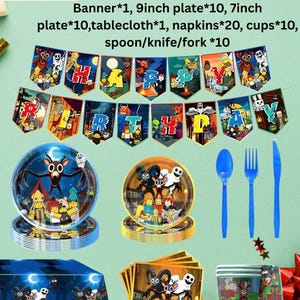 May include: A party supplies package with a banner that says "HAPPY BIRTHDAY". The package includes plates, a tablecloth, napkins, cups, and cutlery. The plates and tablecloth feature a cartoon design.