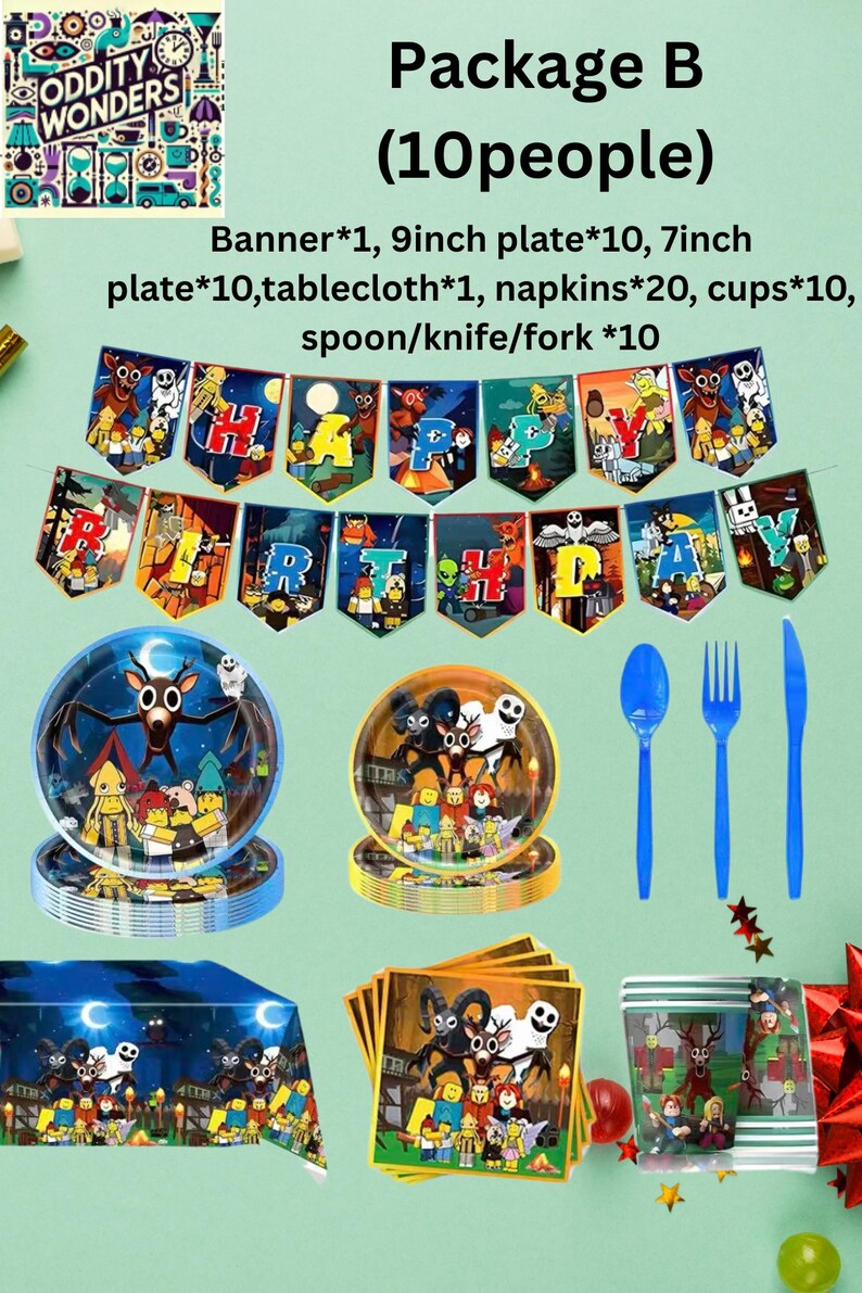 May include: A party supplies package with a banner that says "HAPPY BIRTHDAY". The package includes plates, a tablecloth, napkins, cups, and cutlery. The plates and tablecloth feature a cartoon design.