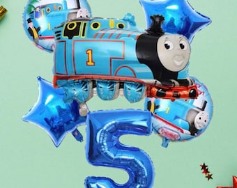 Set med blått tåg och siffror för födelsedagsballonger | 6 st partyballonger | Tågtemadekorationer | Festtillbehör för barn | Blått ballongpaket