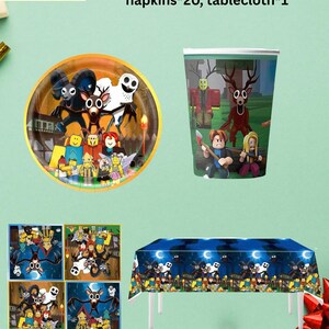 May include: Package D party supplies set. Includes 7-inch plates, paper cups, napkins, and a tablecloth. The items feature cartoon characters and a spooky theme. The tablecloth is designed to fit a table.