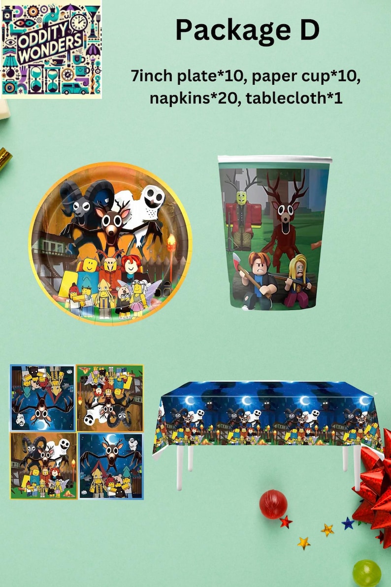 May include: Package D party supplies set. Includes 7-inch plates, paper cups, napkins, and a tablecloth. The items feature cartoon characters and a spooky theme. The tablecloth is designed to fit a table.