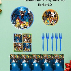 May include: Package E party supplies set includes 10 plates (9-inch), 10 plates (7-inch), 1 tablecloth, 20 napkins, and 10 forks. The plates feature cartoon characters. The tablecloth has a repeating pattern of cartoon characters and a night sky.