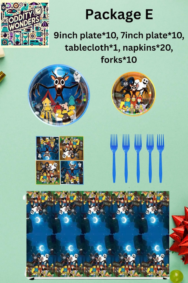 May include: Package E party supplies set includes 10 plates (9-inch), 10 plates (7-inch), 1 tablecloth, 20 napkins, and 10 forks. The plates feature cartoon characters. The tablecloth has a repeating pattern of cartoon characters and a night sky.